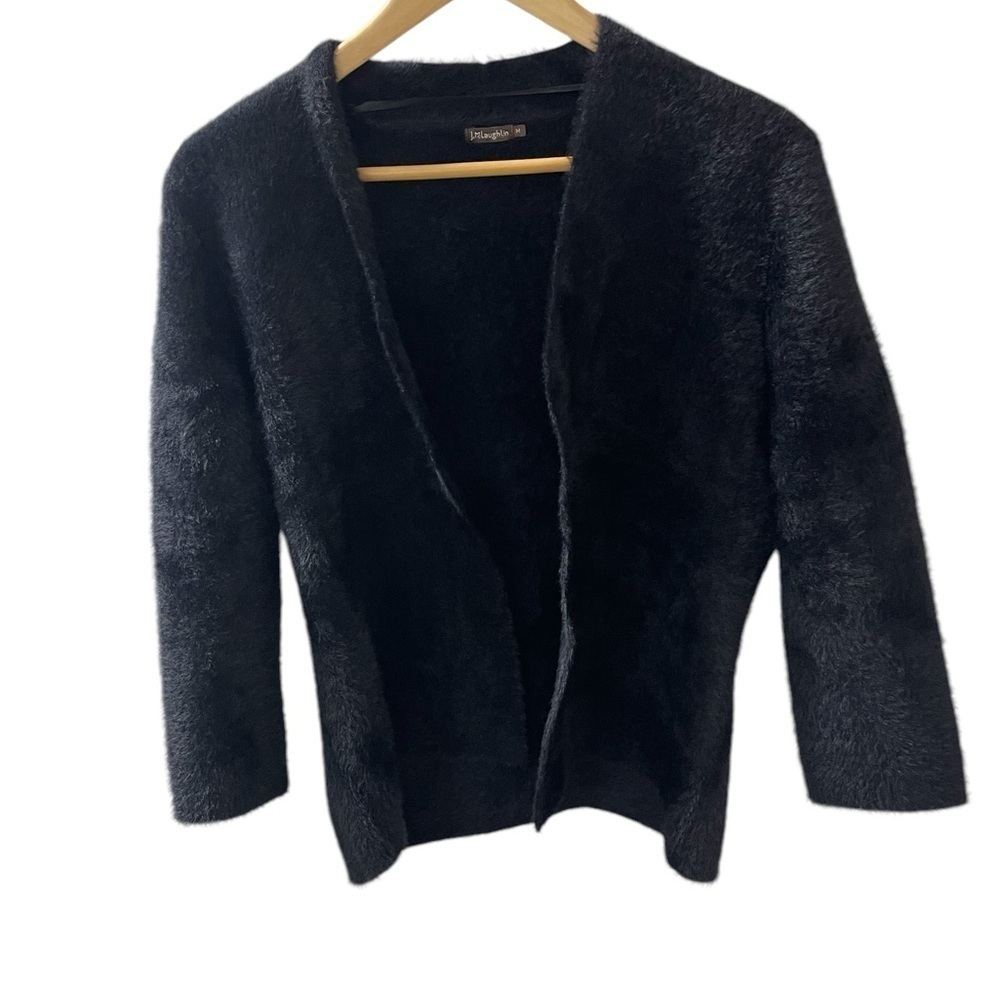 J. McLaughlin Women’s Size M 100% Nylon Fuzzy Black short Open Cardigan Jacket - Picture 1 of 6